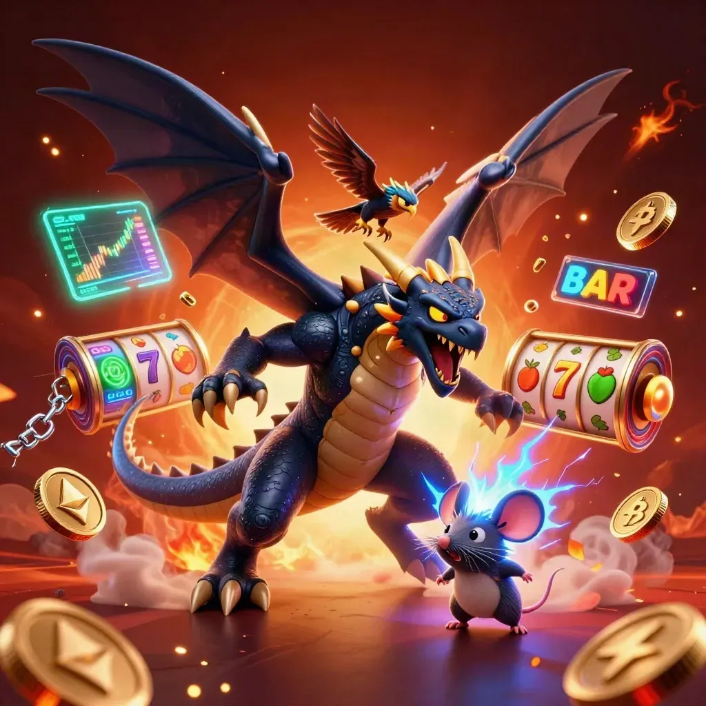 Thunder dragon, wind hawk, and static mouse burst amid casino coins, embers, and neon circuits.