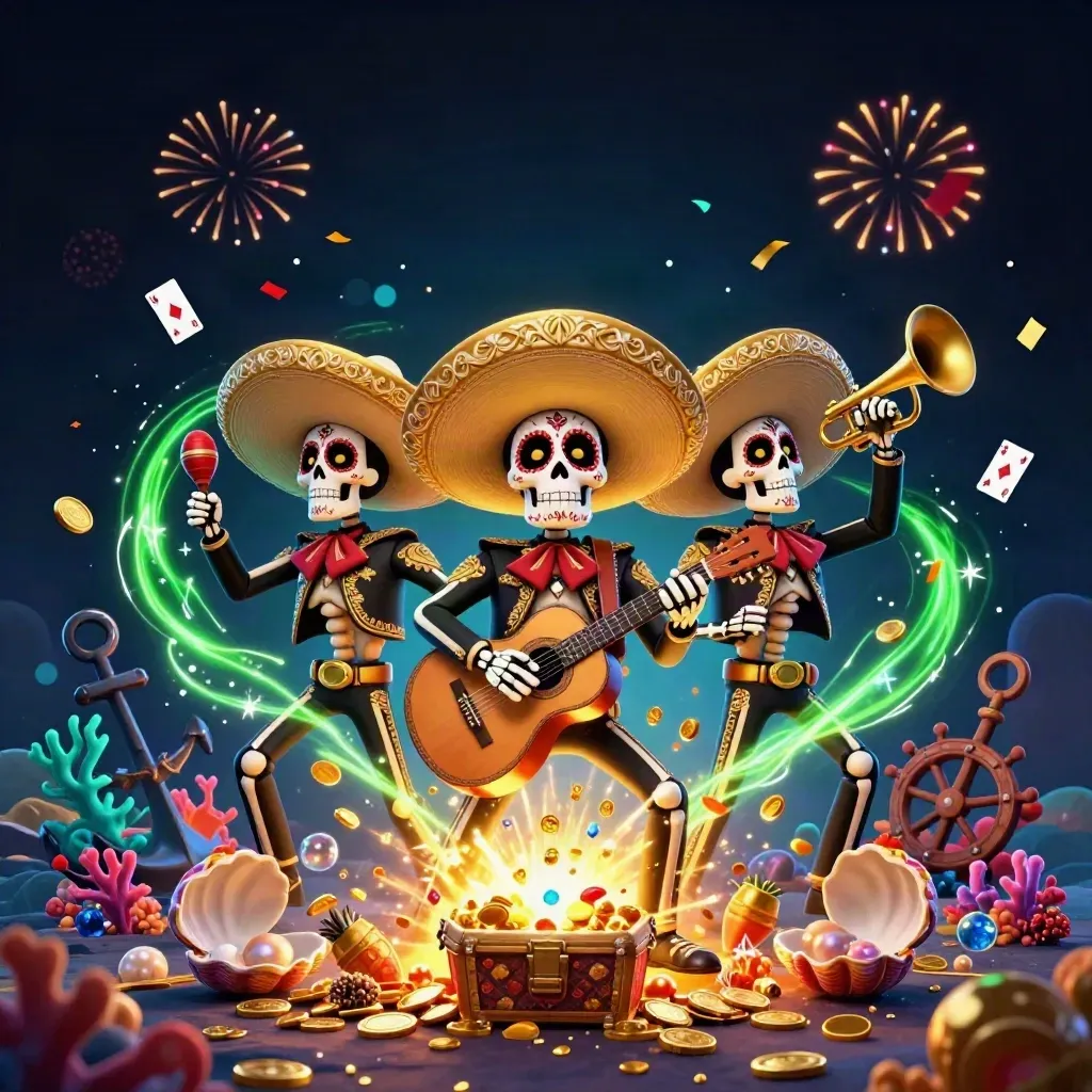 Skeleton mariachi trio in an underwater treasure cove with coins, coral, and neon green magic