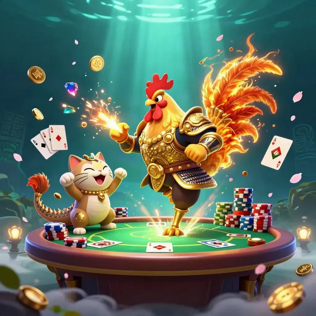 Rooster samurai, dragon hatchling and fortune cat in neon casino chaos with chips, cards and glowing runes
