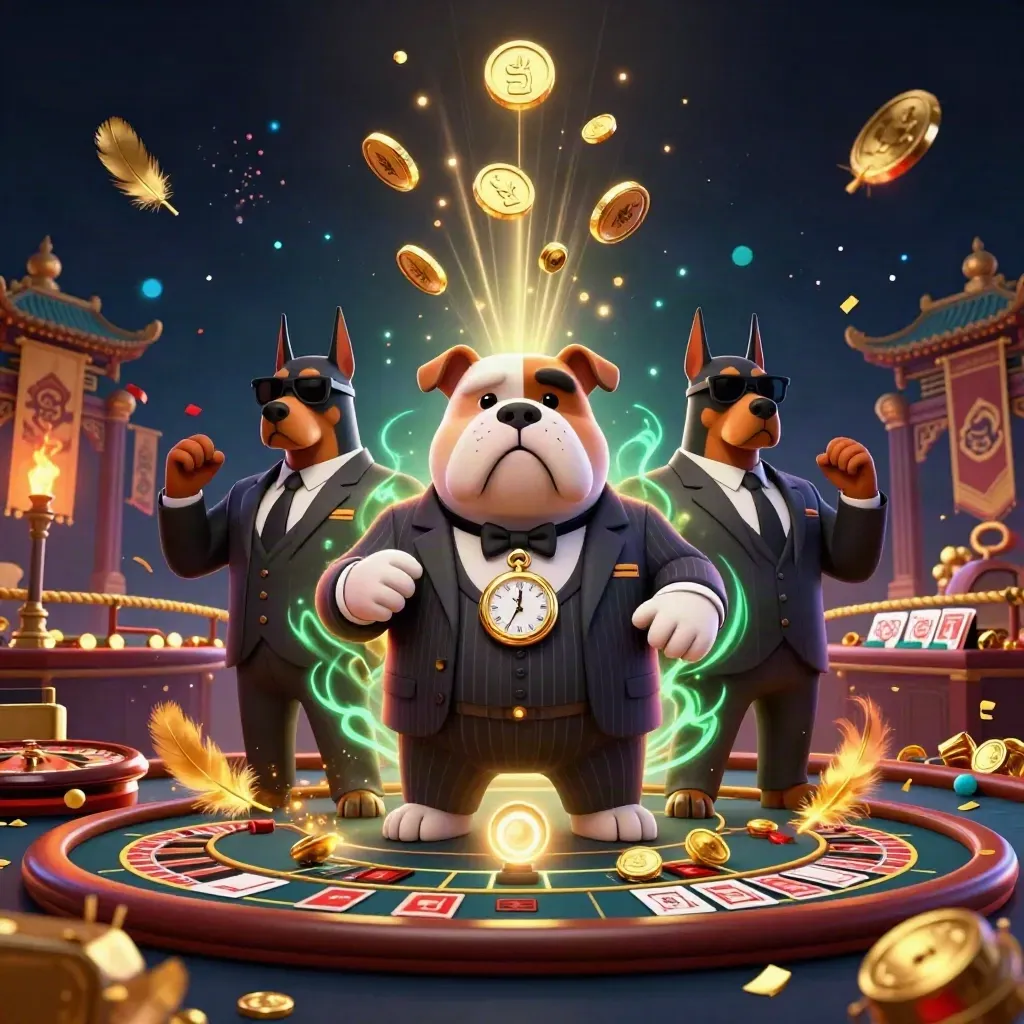 Bulldog boss and two Dobermans amid coins, fireworks, roulette, and glowing casino energy.