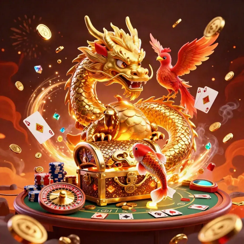 Dragon and phoenix with treasure chest, coins, roulette wheel, chips and glowing casino effects.