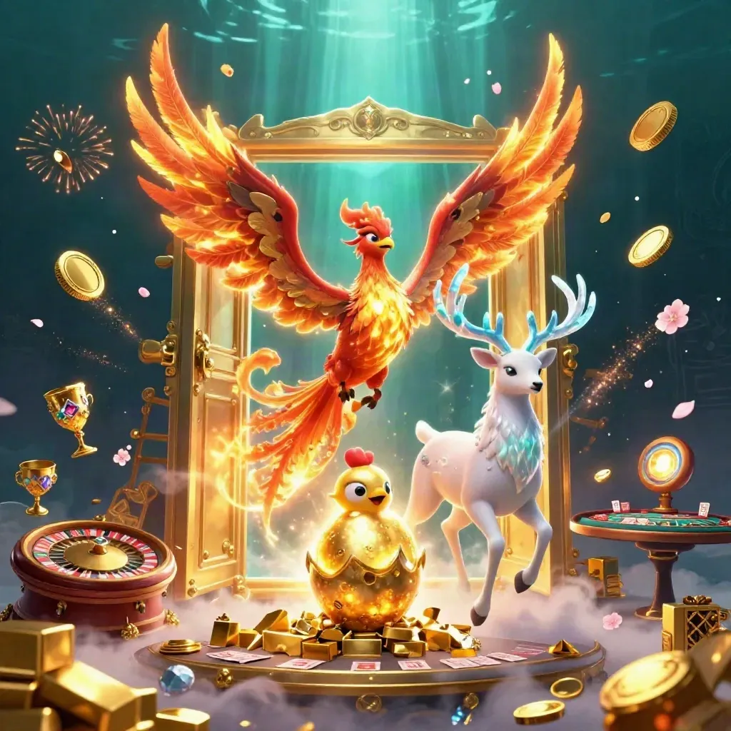 Phoenix, hatching baby phoenix, and crystal stag erupt from a glowing vault with casino riches.