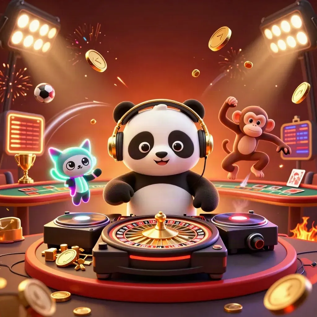 DJ panda, monkey, and kitten amid coins, roulette, trophy, fireworks, and casino glow