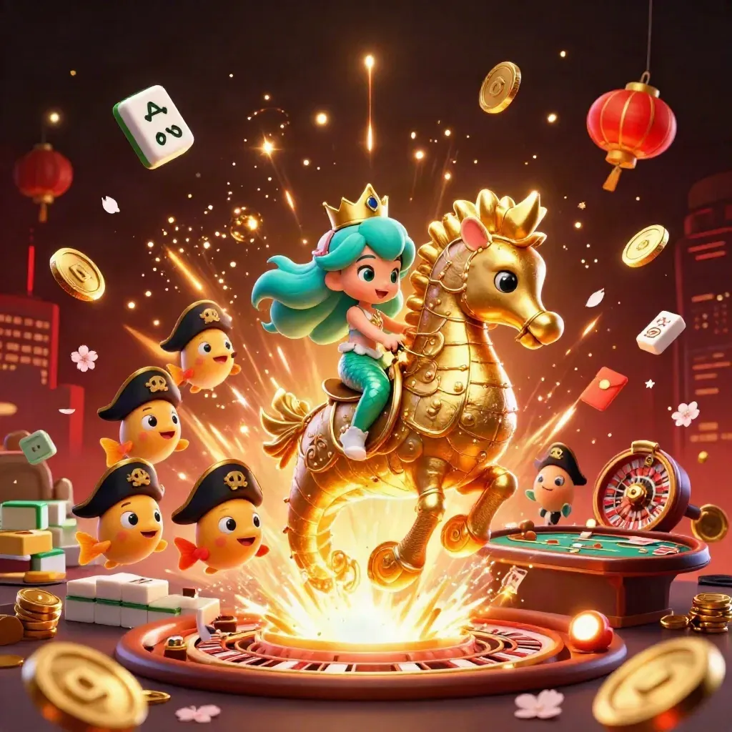 Mermaid princess on a golden seahorse amid casino coins, lanterns, cards, and fireworks.