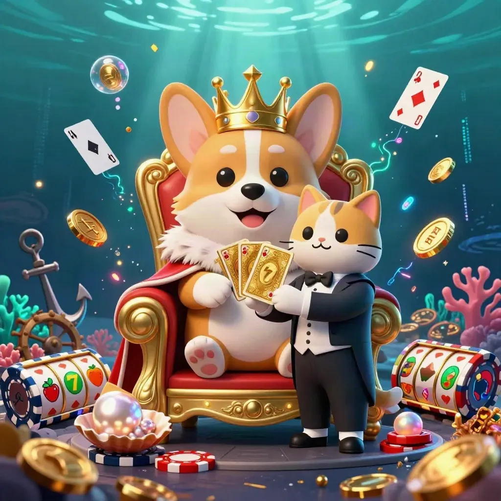 Royal corgi king and cat butler on a poker-chip throne amid underwater casino treasure and neon glow.