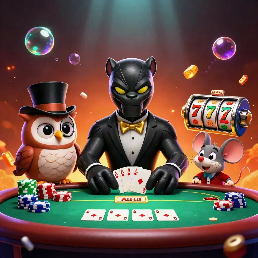 Panther, owl, and mouse in luxe casino action with chips, cards, and glowing effects.