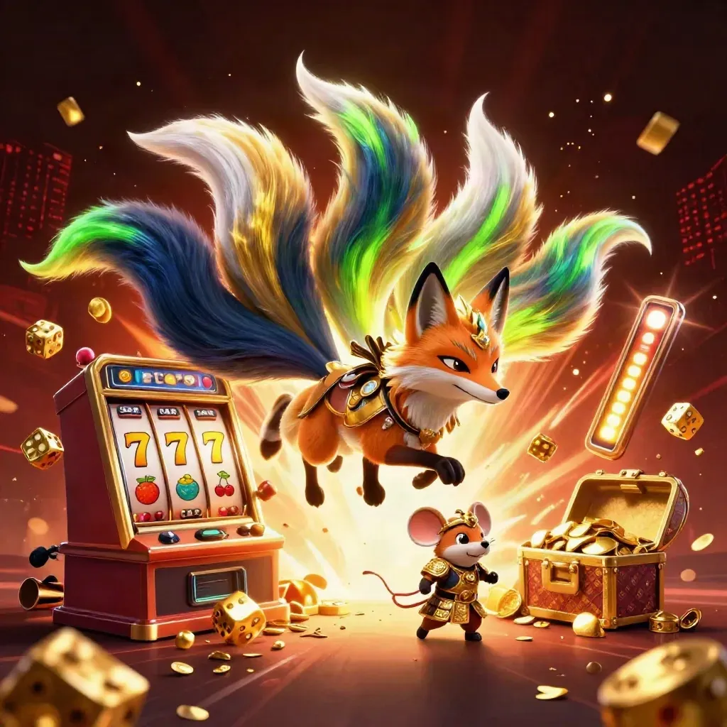 Nine-tailed fox spirit and armored mouse amid exploding slots and gold