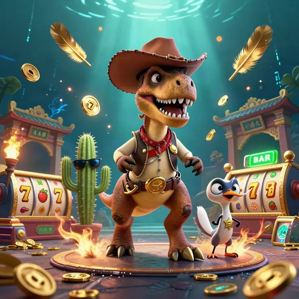 Cowboy T-Rex, cactus sidekick and roadrunner amid casino relics, coins and neon energy.