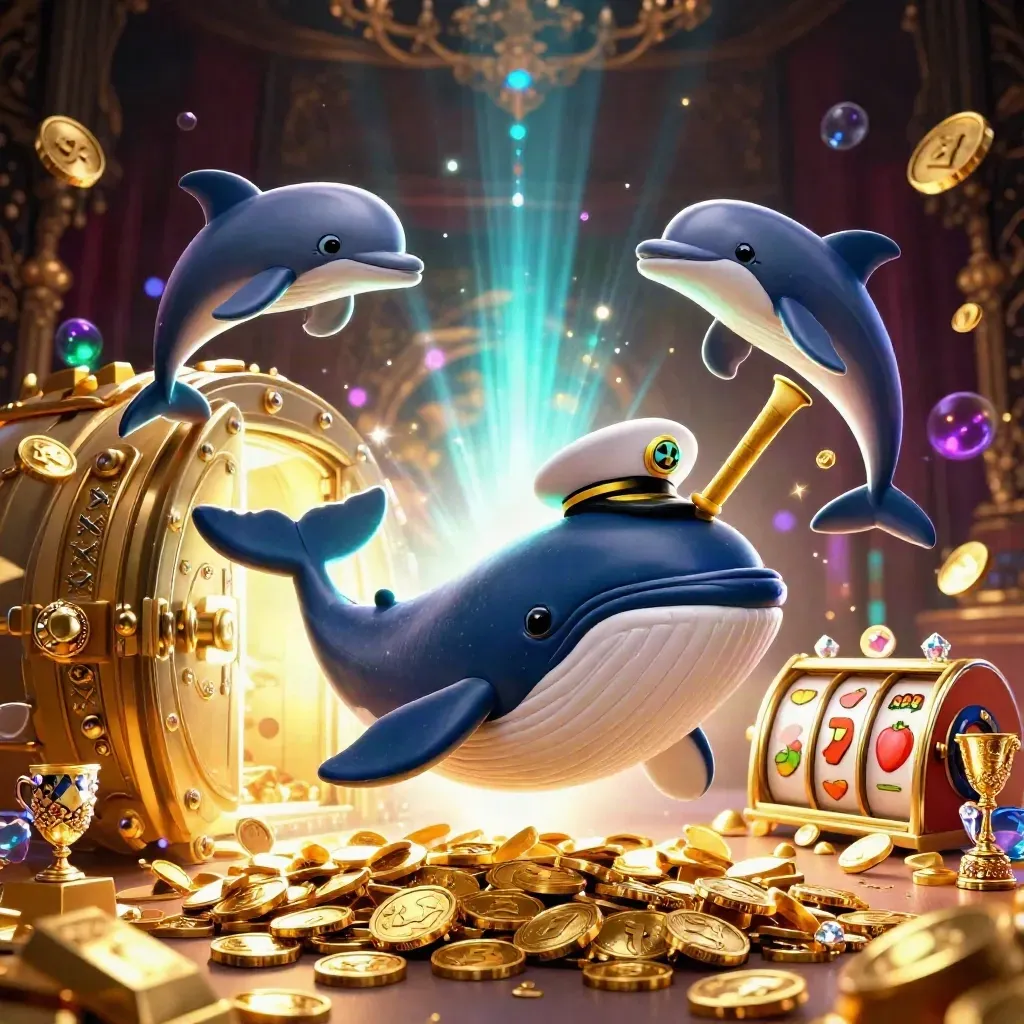 Captain whale, narwhal, and dolphins burst through coins with a glowing treasure vault.