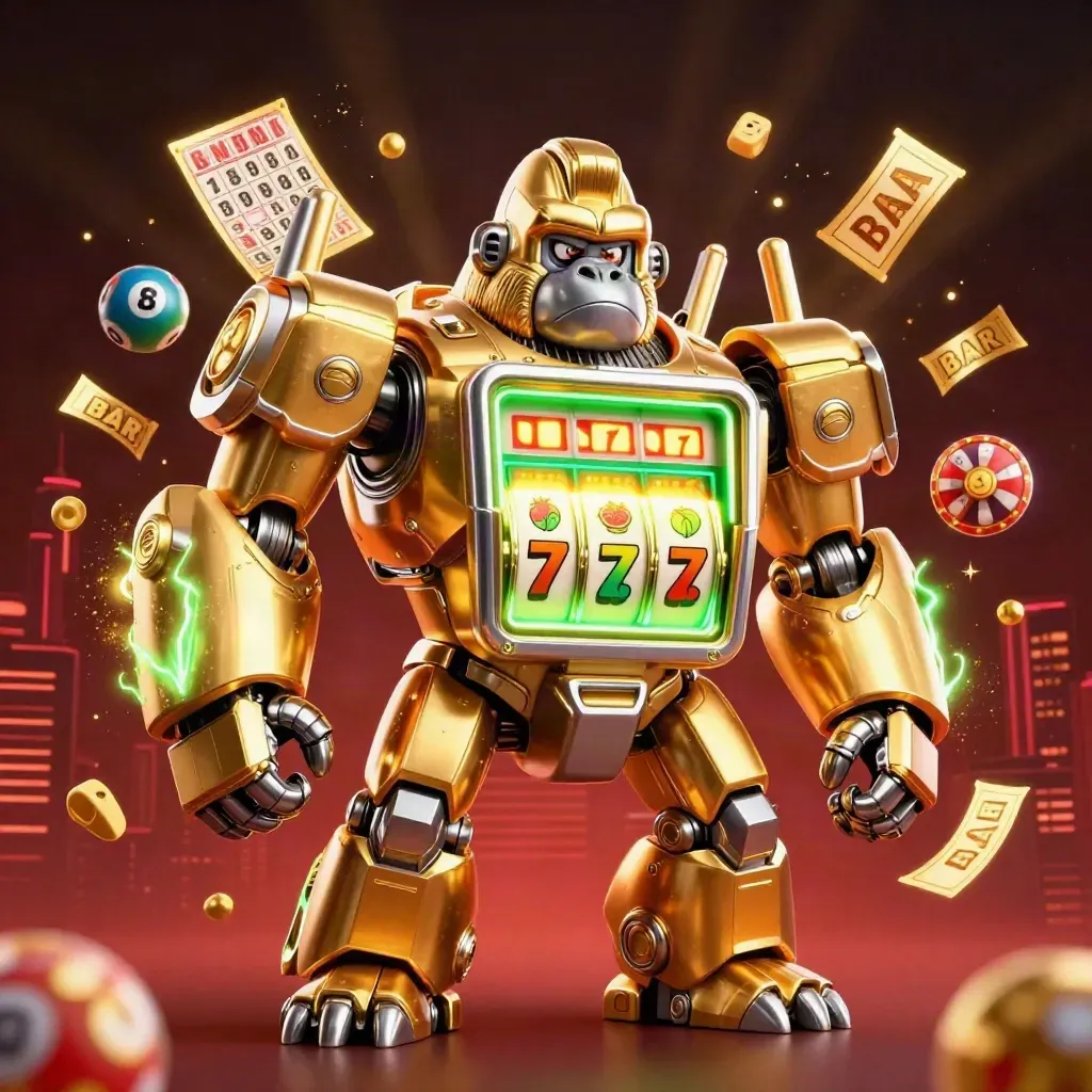 Golden gorilla slot-mech with tiny monkey pilot, jackpot effects, and casino game bursts