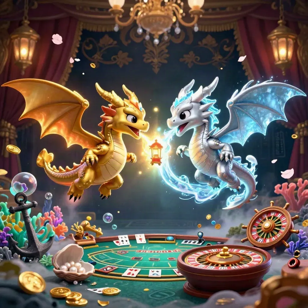 Twin gold and silver dragons with a tiny lantern spirit amid casino treasure and glowing table effects.
