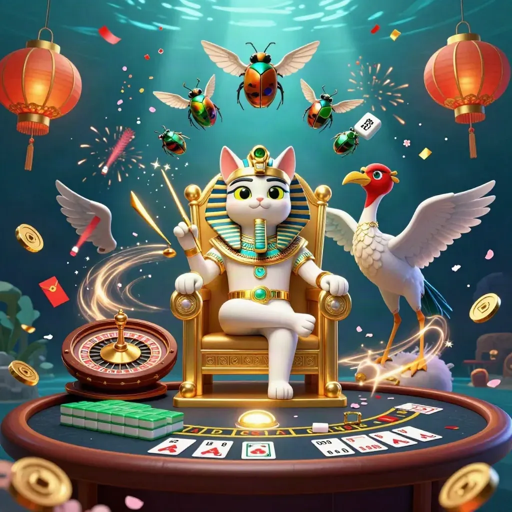 Pharaoh cat, ibis scribe, and gem-wing scarabs amid casino magic and gold sparks.