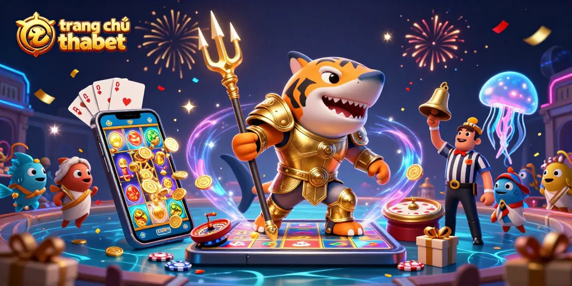 Play slots on trang chủ thabet with a vibrant shark-themed 3D casino illustration.