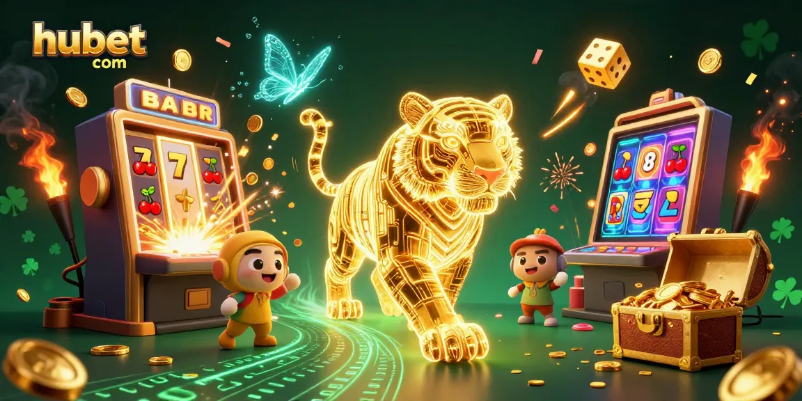 Win big at hubet com with a vibrant illustration of a golden tiger in a magical casino landscape.