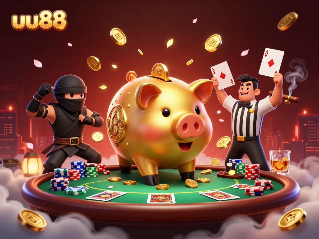 Enjoy thrilling uu88 gameplay with a dynamic 3D scene featuring a golden piggy bank sumo wrestler.