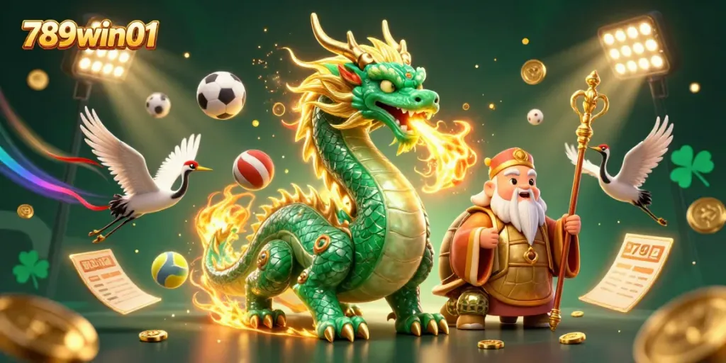 Engage with the dynamic illustration of 789win01 highlighting an emerald jade dragon, a turtle sage, and sports elements.