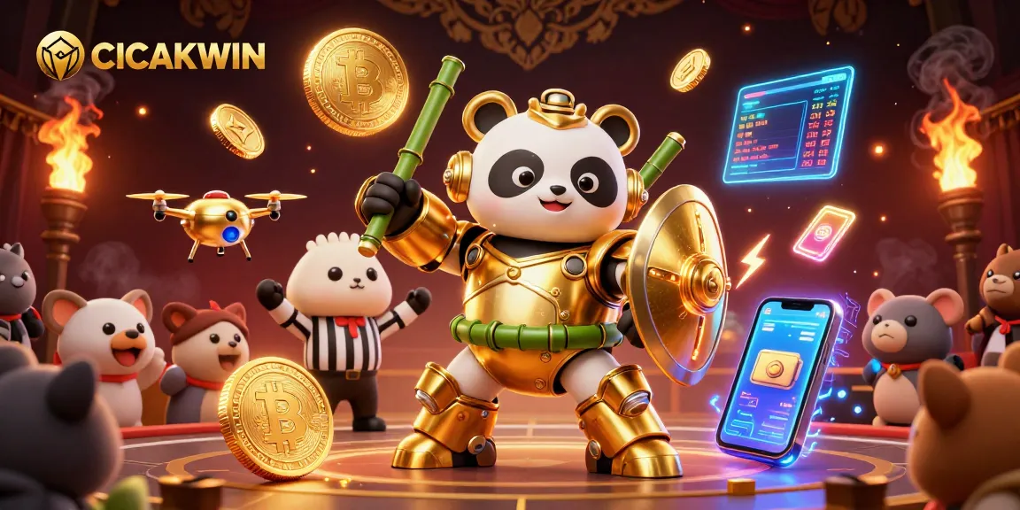 CICAKWIN shines in a dynamic casino arena with 3D golden panda and vibrant gambling elements