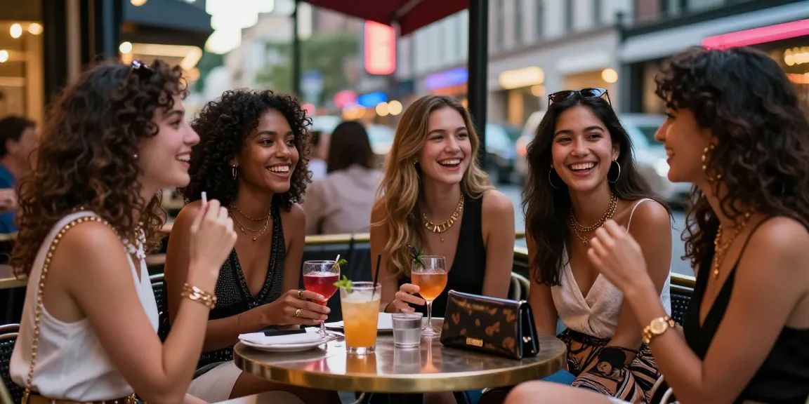 Nhóm gái gọi đang tận hưởng không khí phố xá sôi động tại quán cafe thời thượng.
