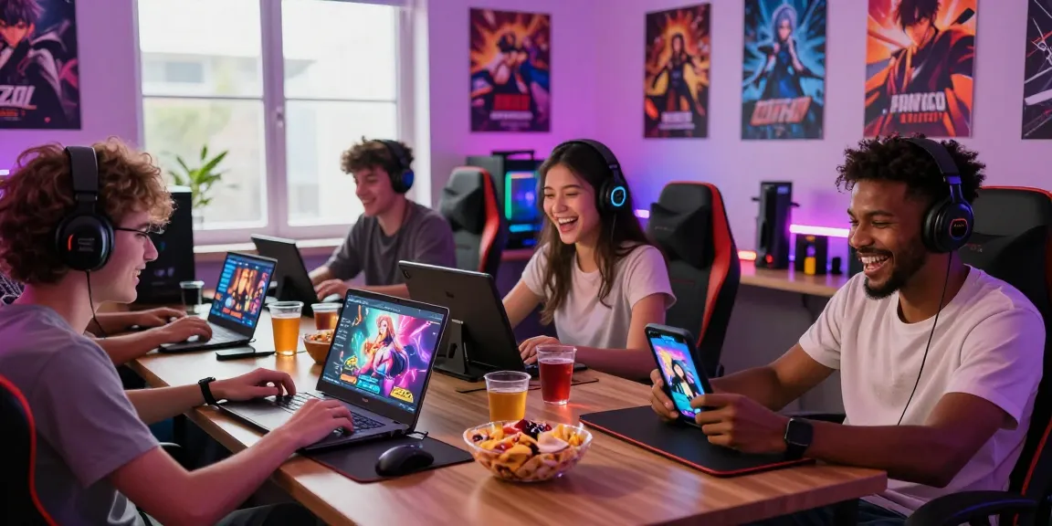 Gamers enjoying free hentai games in a cozy gaming room, showcasing social interaction and multiple devices.
