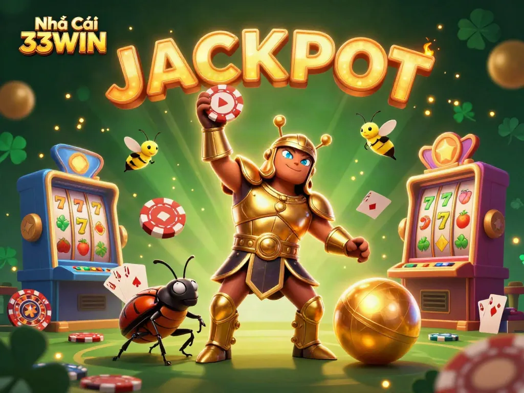 Engage in winning strategies at Nhà Cái 33WIN with vibrant slot machines and dynamic characters in a lively casino
