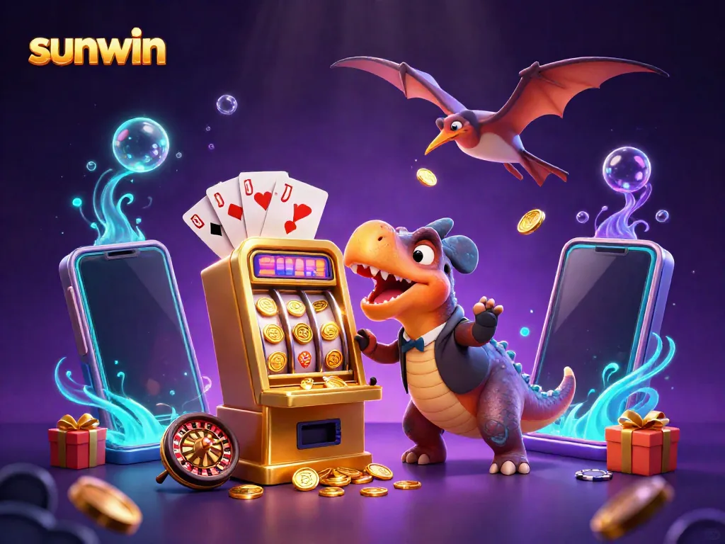 Experience the excitement of sunwin with a 3D pachycephalosaurus hitting a slot machine, winning jackpot coins.