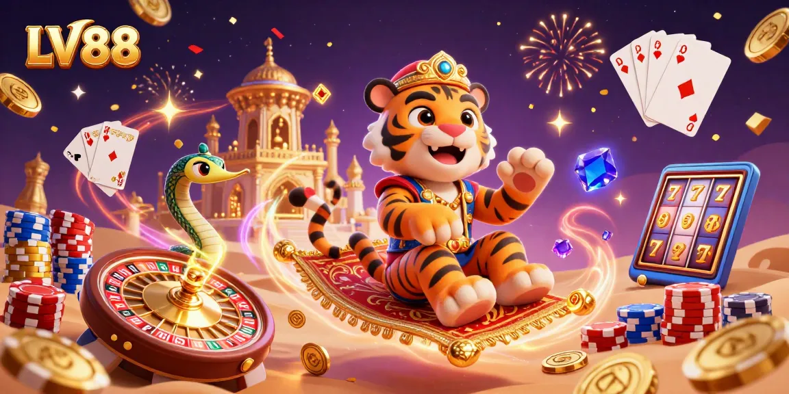 Experience thrilling gaming at LV88 with a vibrant 3D casino scene showcasing slot reels, poker chips, and golden treasures.