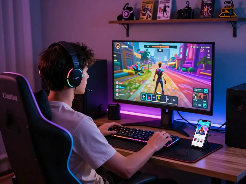 Engaged player immersed in a game sex simulator, showcasing vibrant graphics and cozy gaming setup.