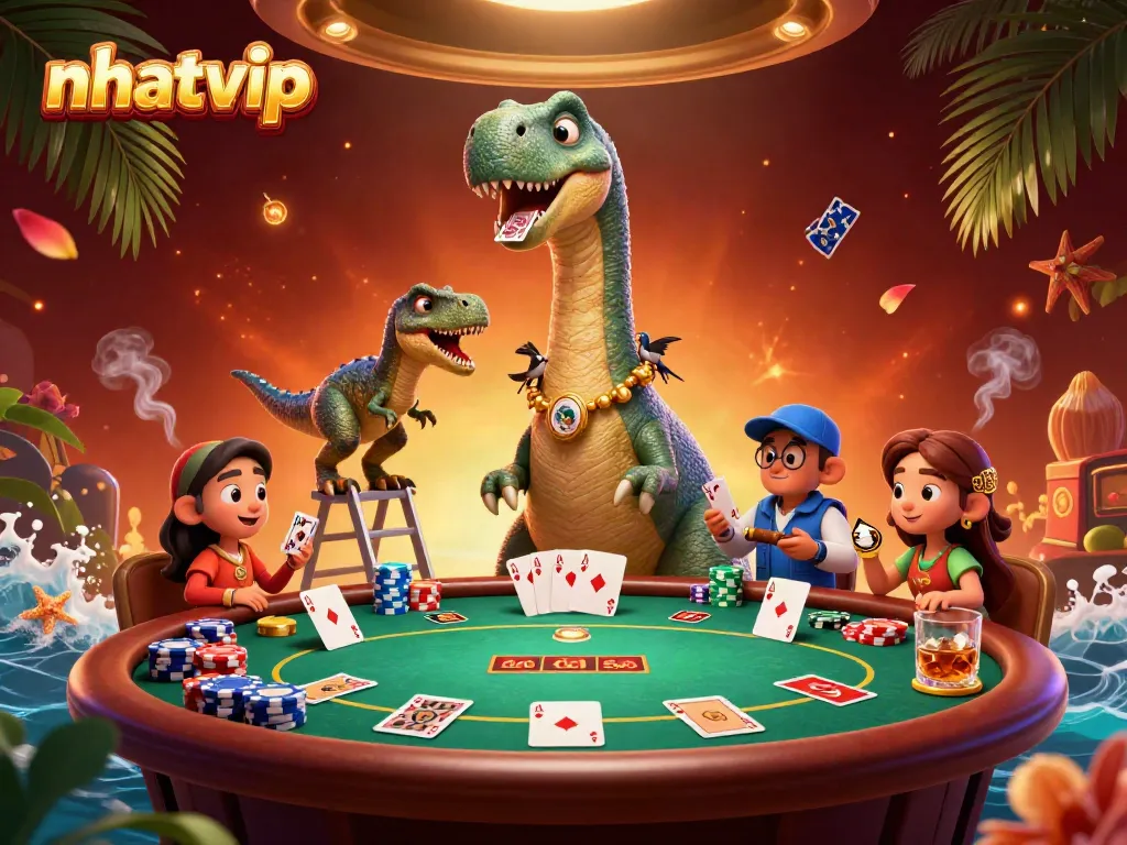 Nhatvip's vivid casino scene showcases a towering brontosaurus with a raptor dealer amidst vibrant poker action.