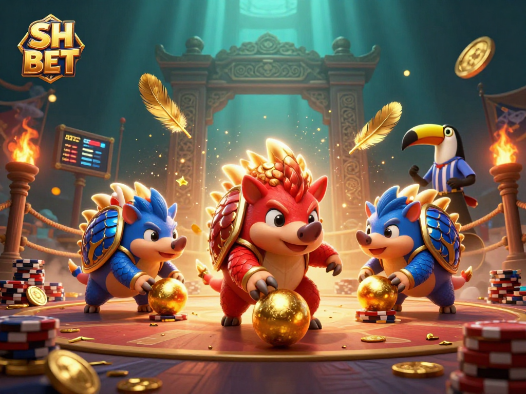 Experience vibrant gaming action with SH BET as rival pangolins roll through poker chips in a festive arena.