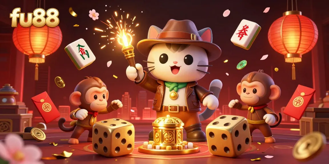 Experience exciting gaming moments at fu88 with an illustration of an archaeologist cat uncovering treasures in a casino.