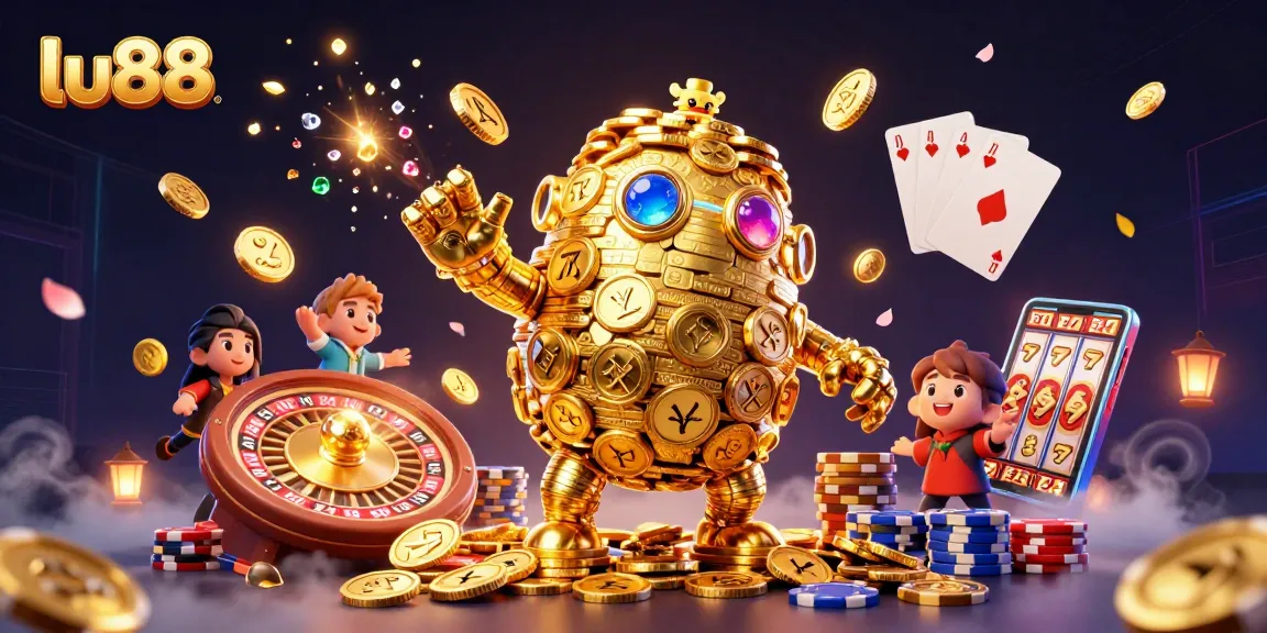 lu88 spins a dynamic scene with golden golem and vibrant casino game elements