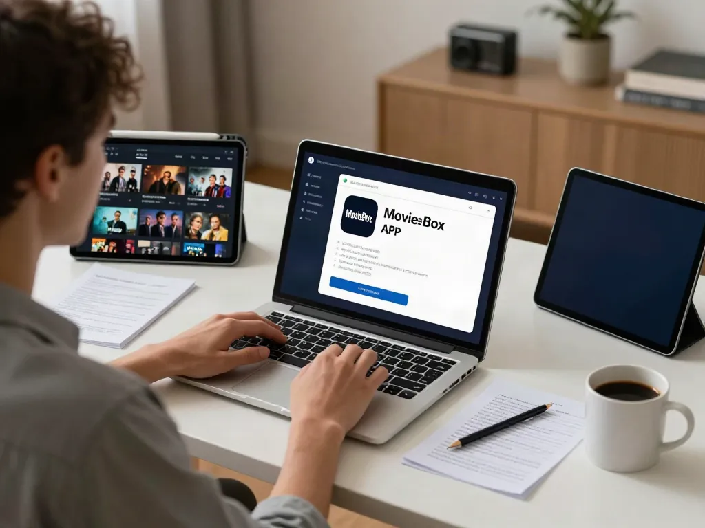 Downloading MovieBox old APK in a cozy home office setup with tech gadgets.