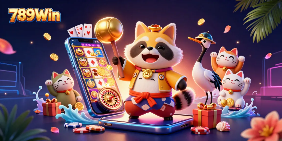 Spin colorful slots and win with 789Win's dynamic casino games illustration featuring a tanuki.