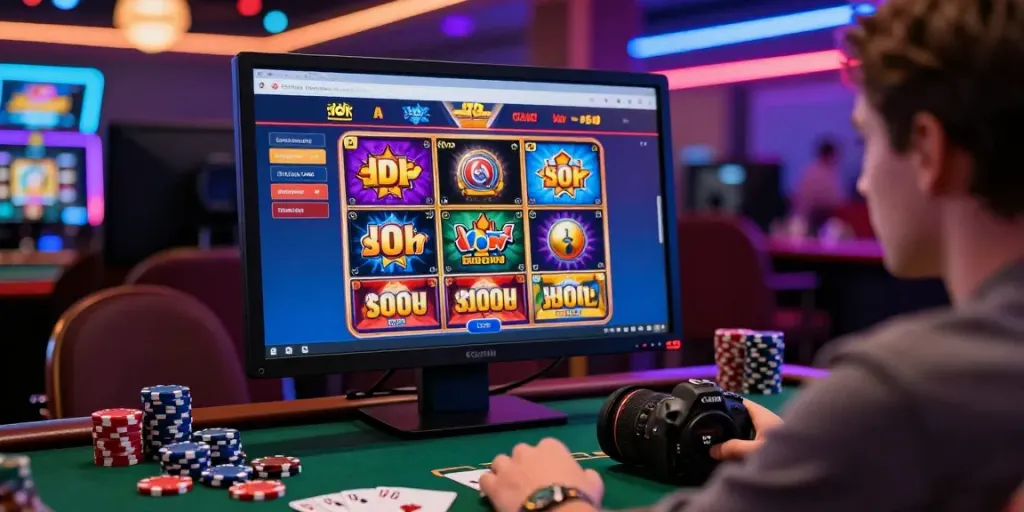 Dynamic online gaming scene highlighting casinos that take credit cards with vibrant slot games and casino elements.