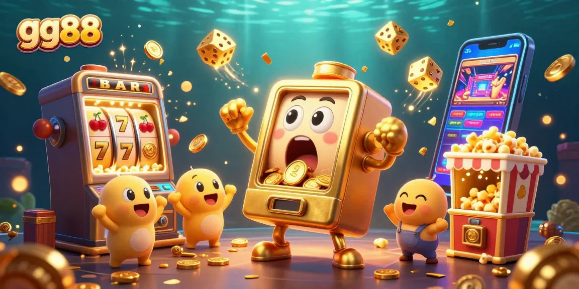 Celebrate jackpots at gg88 with a golden slot machine amid coins, firework effects, and fun characters.