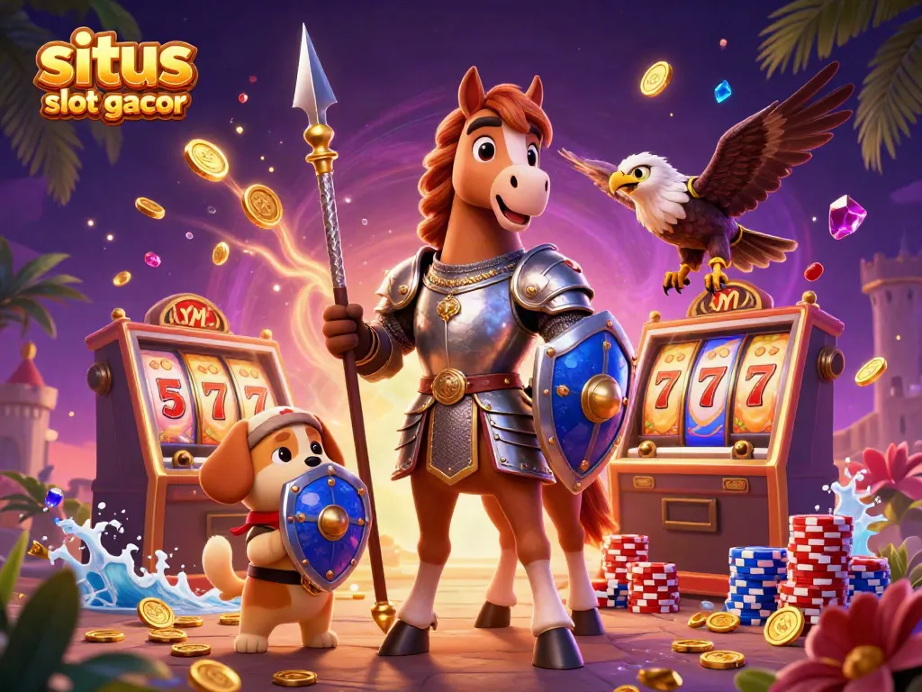 Play and win at situs slot gacor with 3D knight and puppy surrounded by coins and gems.