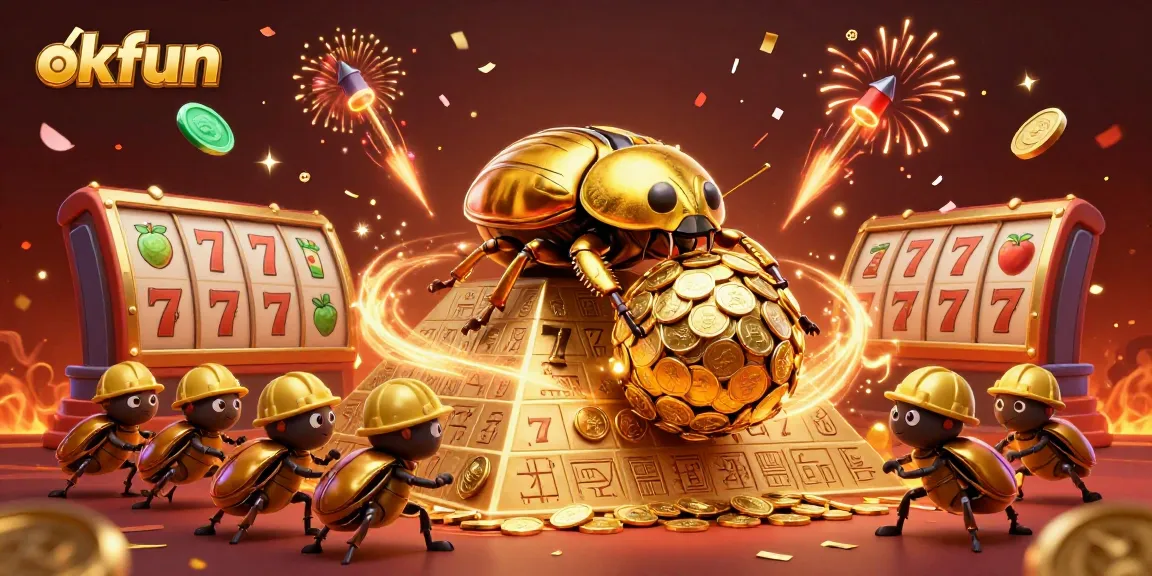 Experience the excitement with okfun as a golden beetle rolls coins up a pyramid amidst slot reels.