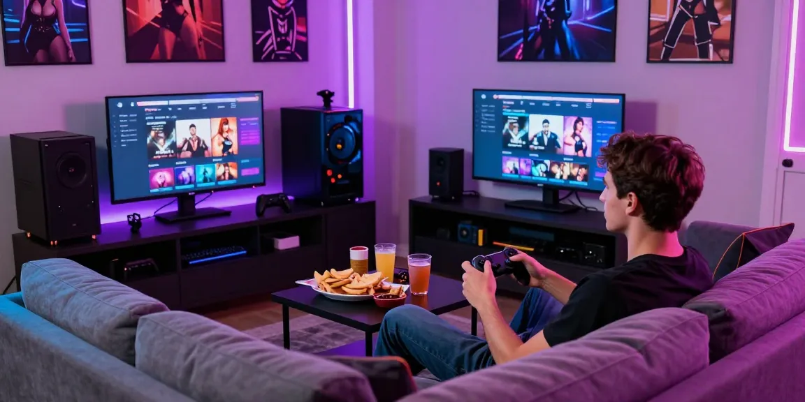 Engaging scene of a young man playing popular porn games HTML on a console, surrounded by snacks and neon lights, evoking excitement.