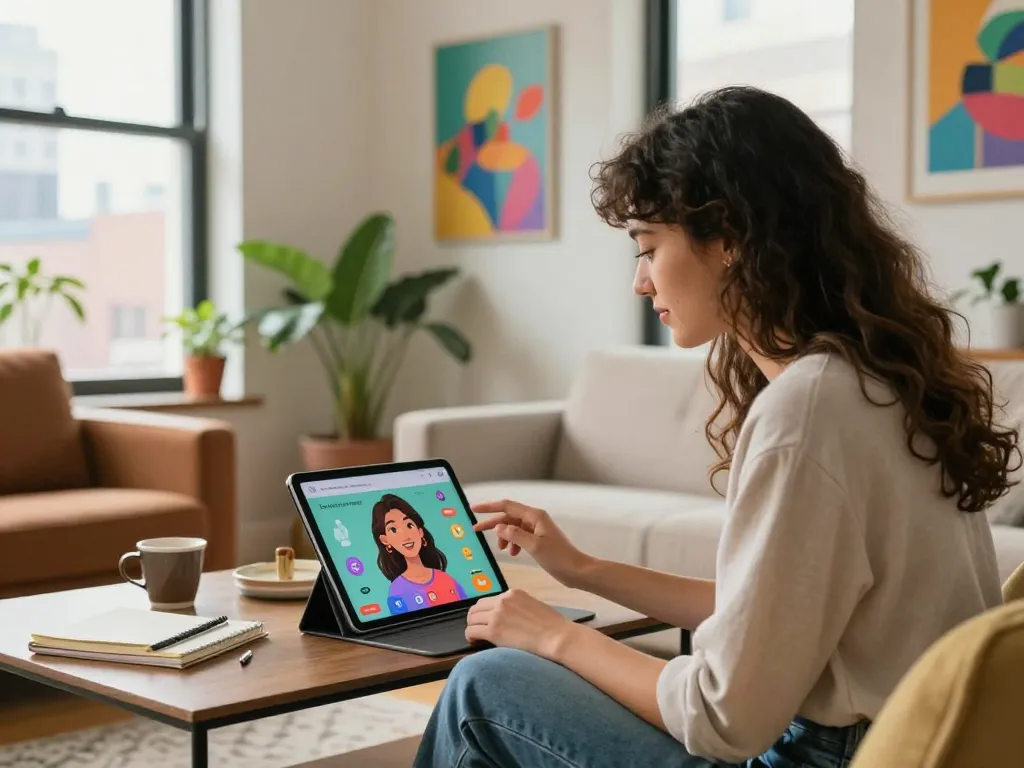 Engaging with an AI gf on a tablet in a vibrant urban apartment, showcasing modern digital companionship.