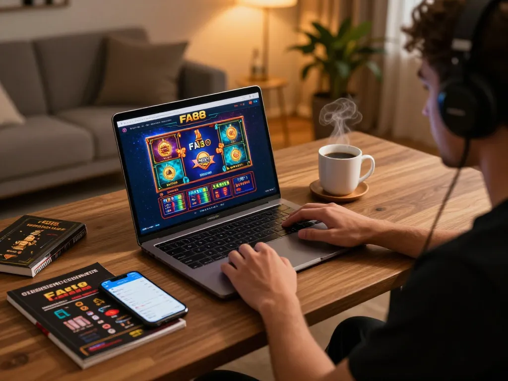 Gamer enjoying FA88 online casino on laptop while tracking bankroll strategy, illustrating responsible gaming.