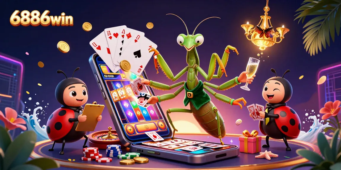 Experience winning gameplay with 6886win's vibrant casino scene featuring dynamic card games and playful characters.