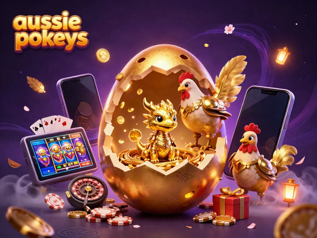 Experience the excitement of aussie pokies with a golden dragon and poker chips in a vibrant casino scene.