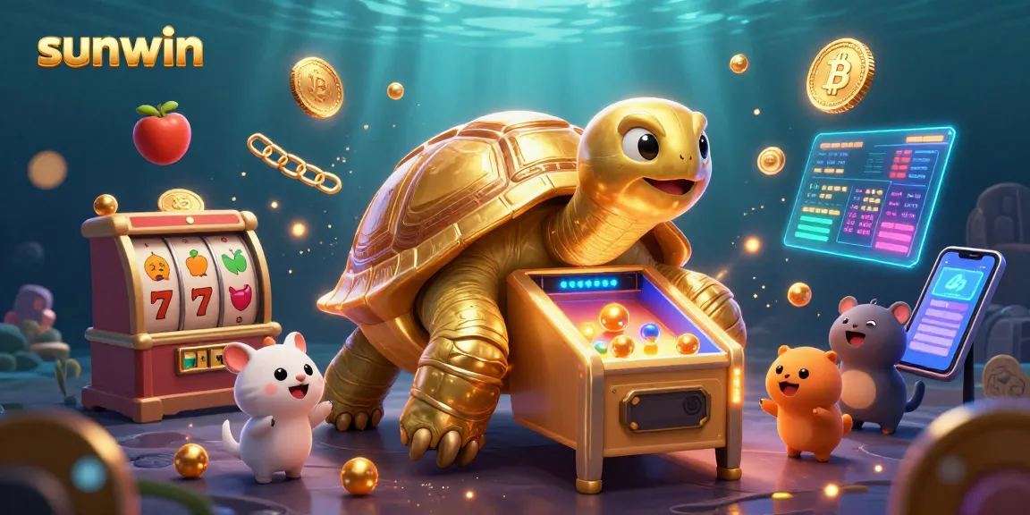 Experience the exhilarating sunwin gaming adventure with a golden tortoise and slot reels in an underwater casino.