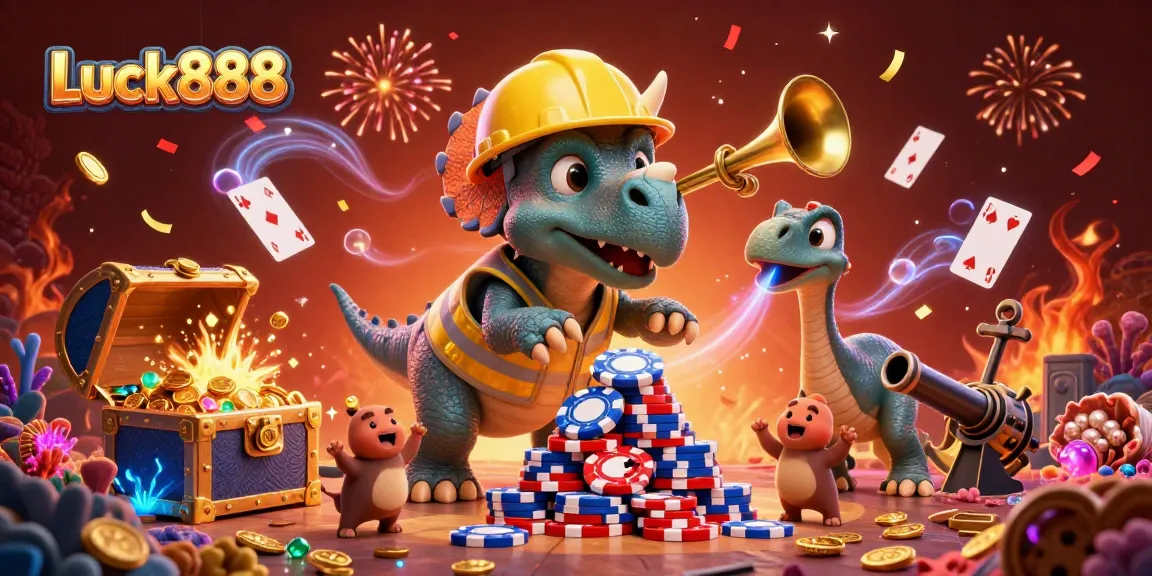 Luck888 casino illustration with a triceratops, a parasaurolophus, and cheering compys in a vibrant celebration scene.