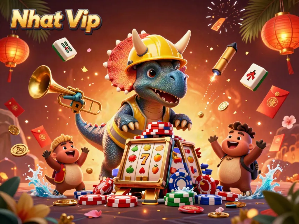 Nhat Vip showcases a festive gambling scene with characters celebrating around poker chips and slot reels.