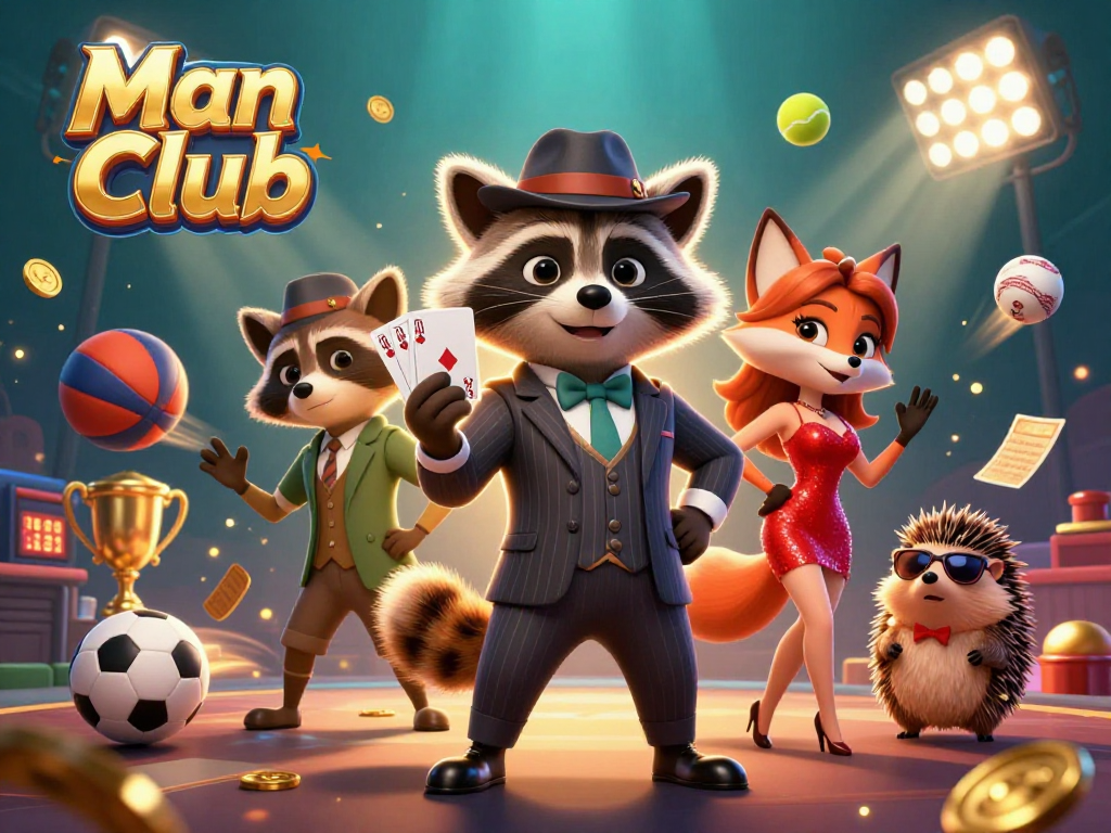 The Man Club raccoon showcases a royal flush amidst a dynamic sports betting scene packed with vibrant 3D elements.