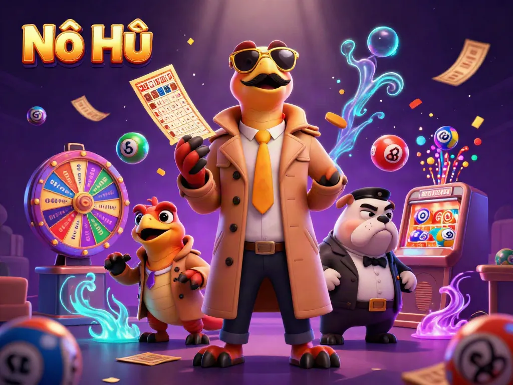 Nổ Hũ scene with raptors entering a casino juxtaposed with colorful lottery elements and dynamic energy.