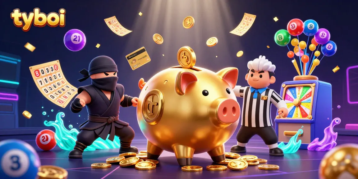Experience thrilling tyboi gameplay with a dynamic scene of a piggy bank sumo wrestler, a wallet-ninja, and a credit-card samurai