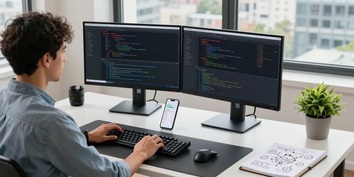 快连 developer optimizing network performance in modern workspace with dual monitors.