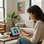 Engaging with an AI gf on a tablet in a vibrant urban apartment, showcasing modern digital companionship.